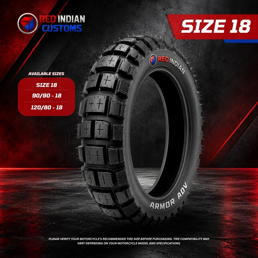 A black off-road motorcycle tire with aggressive tread blocks, branded 'RED INDIAN' and 'ARMOR ADV', shown on a dark red and black promotional background with text indicating size 18 and available sizes 90/90-18, 120/80-18.