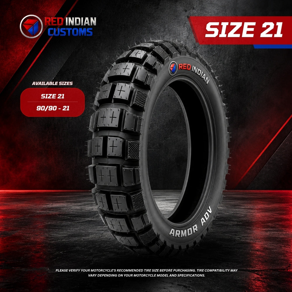A single black off-road motorcycle tire with aggressive tread blocks, branded 'RED INDIAN' and 'ARMOR ADV', shown on a dark red and black promotional background with text reading 'SIZE 21' and 'AVAILABLE SIZES 90/90 - 21'.