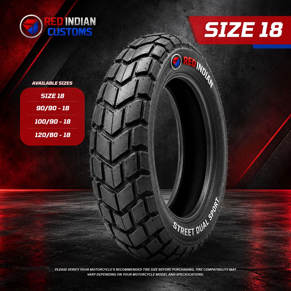 A black off-road motorcycle tire with aggressive tread, branded 'RED INDIAN', shown on a dark red and black promotional background with text overlays indicating 'SIZE 18' and available sizes.