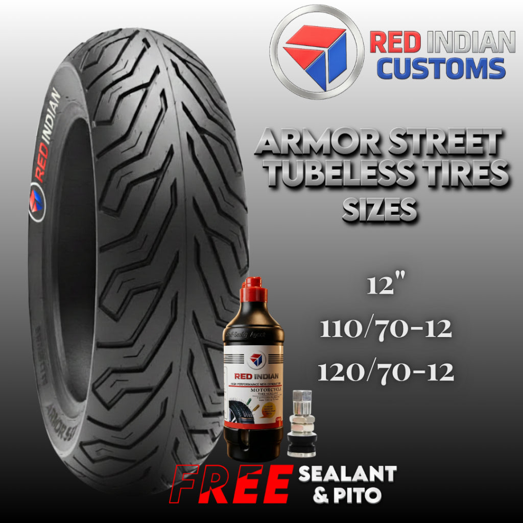 Promotional graphic for Red Indian Customs showing a black tubeless motorcycle tire, a bottle of Red Indian Brake Fluid, a small clear container, and text listing tire sizes 12" 110/70-12 and 120/70-12, with a free sealant and Pito offer.