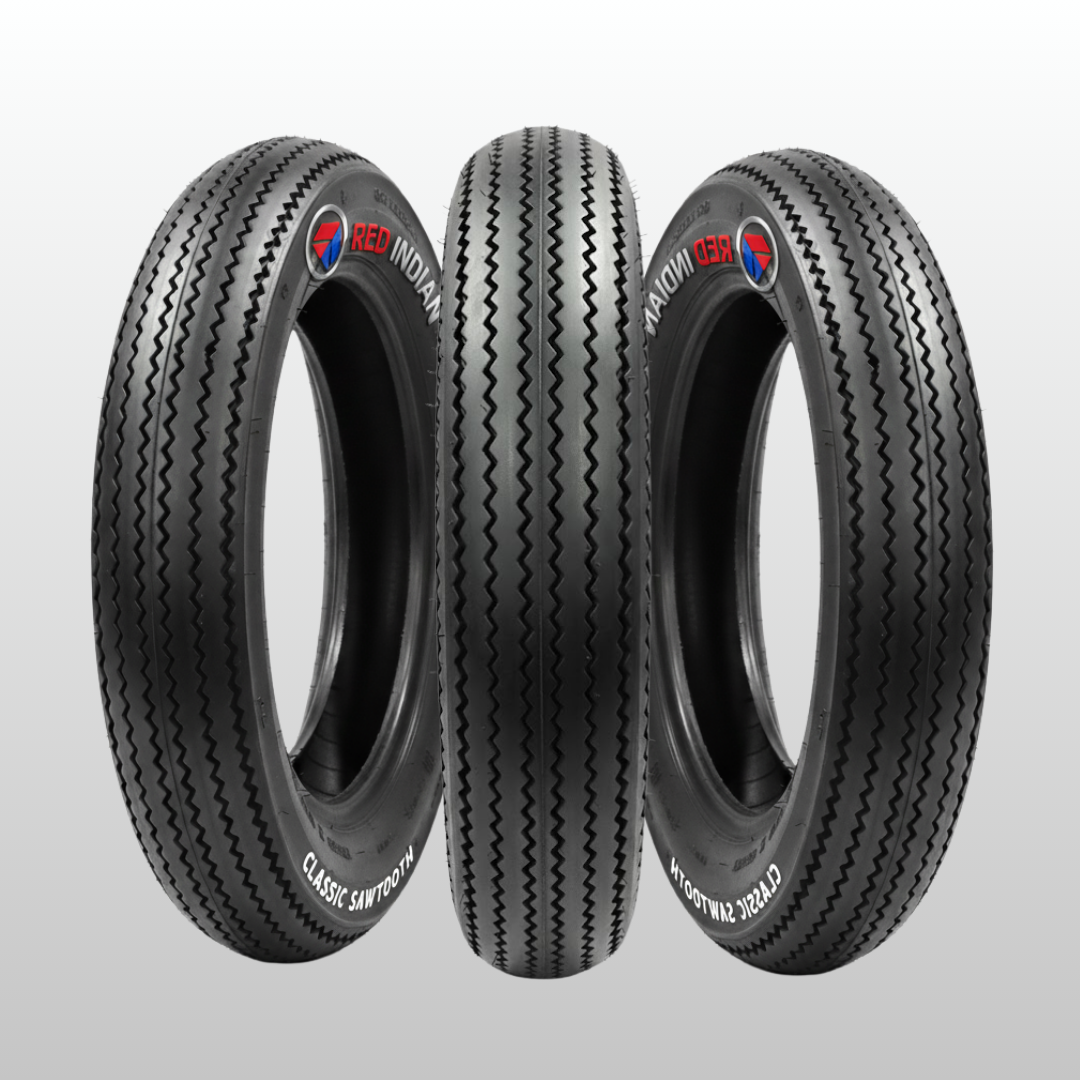 Three motorcycle tires with 'Red Indian' branding on a gray background