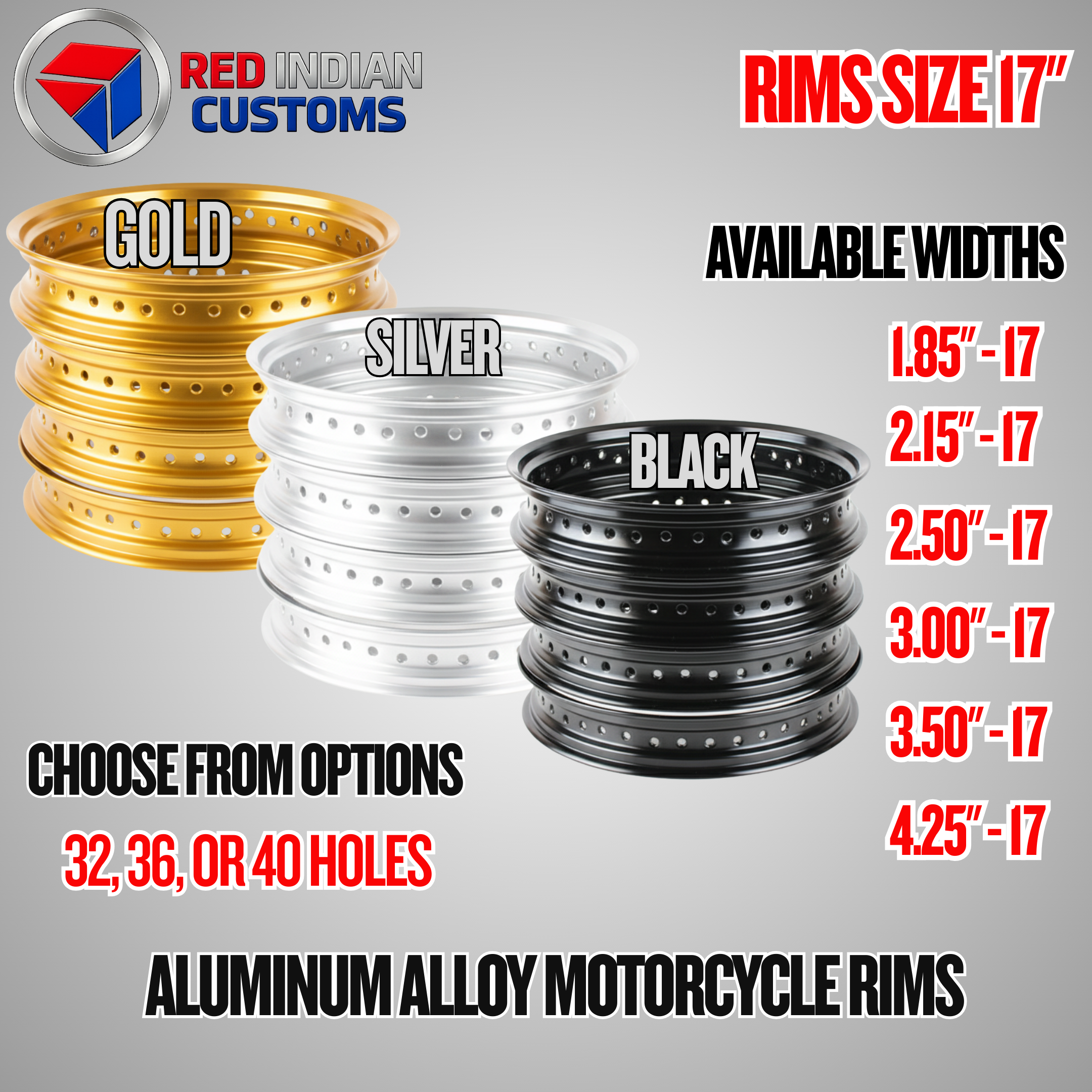 Aluminum Alloy Motorcycle Rims 17 -- 185 2.15 2.50 3.00 3.50 4.25 - Black Silver Gold - 32 36 40 Holes Type Red Indian