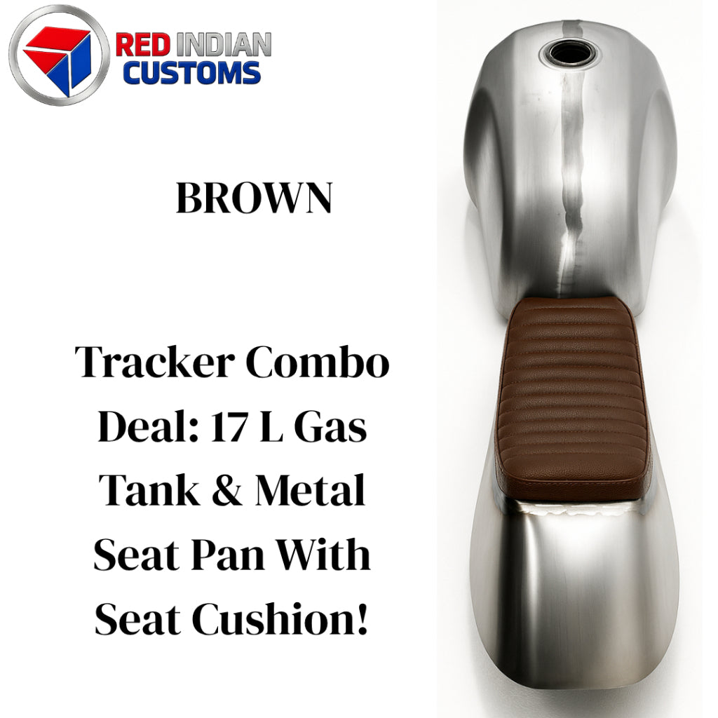 Motorcycle Gas Tank 17L + Metal Seat Base Pan w/ Seat Cushion Combo Kit Brown Black For Universal