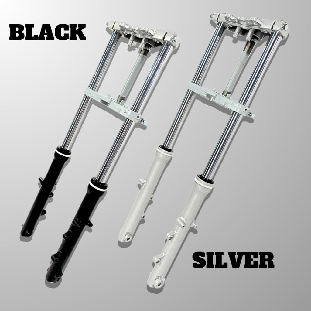 Complete Front Fork Assembly โ 33mm, 800mm, Durable Aluminum w/ Free Risers & Covers Silver & Black