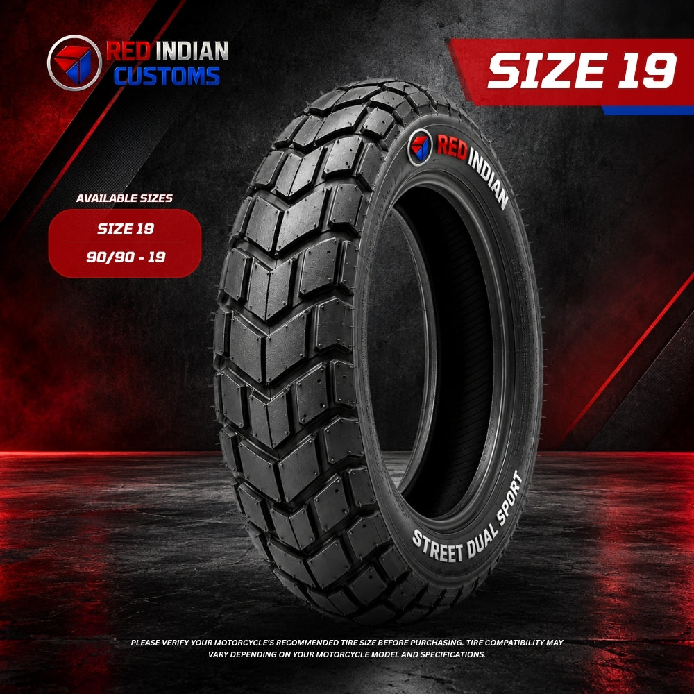 A black off-road motorcycle tire with aggressive tread, branded 'RED INDIAN' and labeled 'STREET DUAL SPORT', shown in a promotional graphic with 'SIZE 19' and 'AVAILABLE SIZES 90/90 - 19' on a dark red and black background.