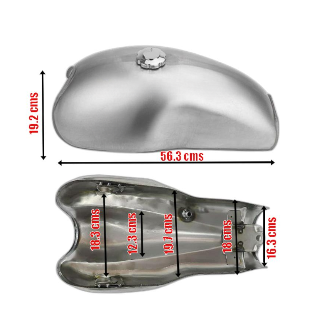 Motorcycle fuel tank with dimensions labeled on a white background