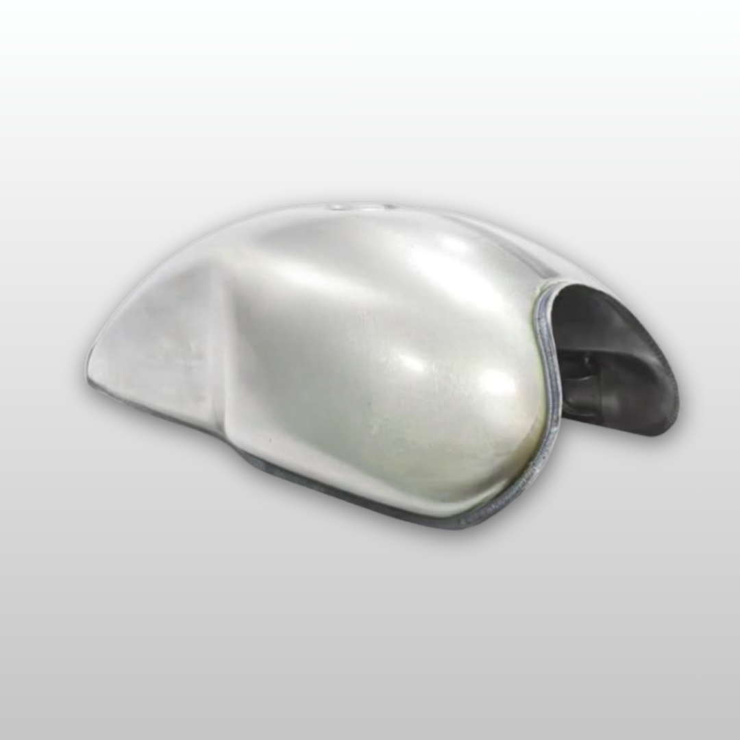 Unpainted gas tank on a light gray background