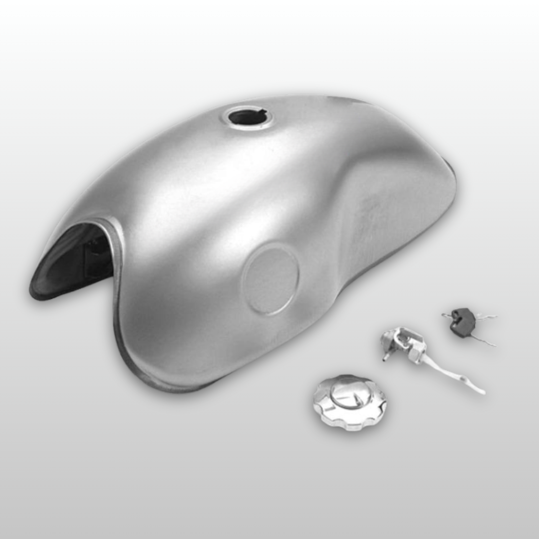 Metallic motorcycle fender with small components on a light gray background