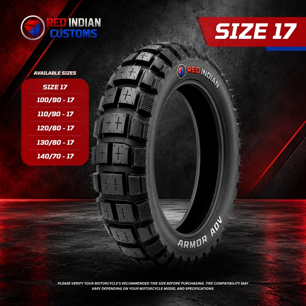 A black off-road motorcycle tire with aggressive tread blocks, branded 'RED INDIAN' and 'ARMOR ADV', shown on a dark red and black promotional background with text reading 'SIZE 17' and available sizes.