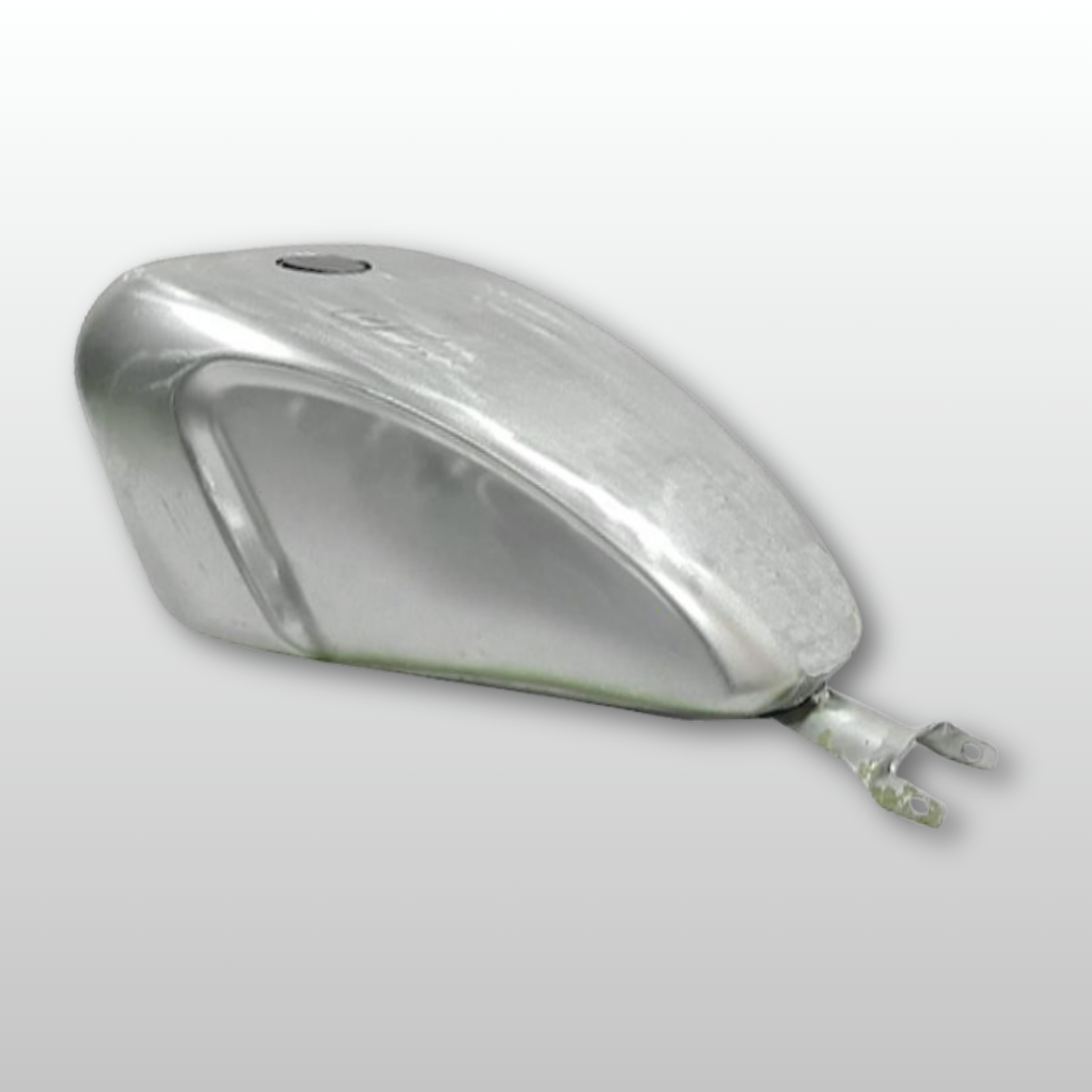 Metallic motorcycle Peanut-style gas tank on a light gray background