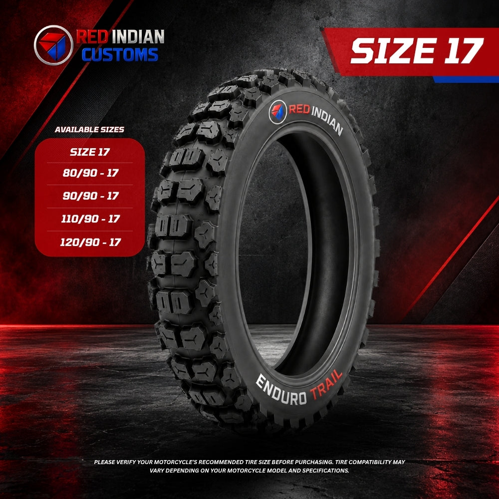 A black knobby motorcycle tire with red and white 'RED INDIAN' and 'ENDURO TRAIL' branding, shown on a dark red and black promotional background with size information and the text 'SIZE 17'.