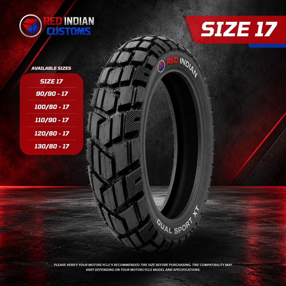 A black dual sport motorcycle tire with aggressive tread, branded 'RED INDIAN' and 'DUAL SPORT XT', shown in a promotional graphic with 'SIZE 17' and available sizes listed on a dark red and black background.