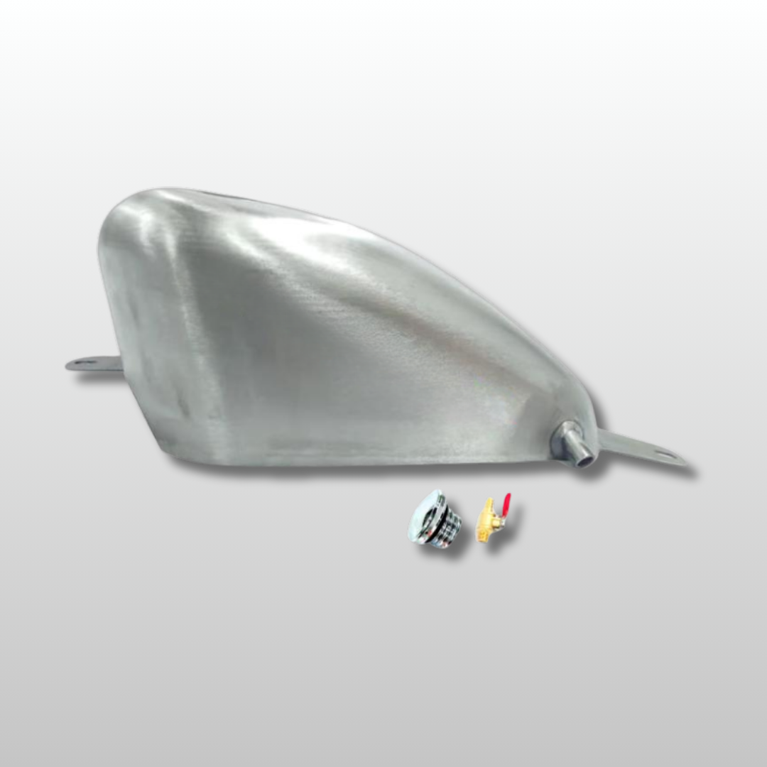 Metallic 9L Sportster Steed Gas Tank with mounting hardware on a light gray background.
