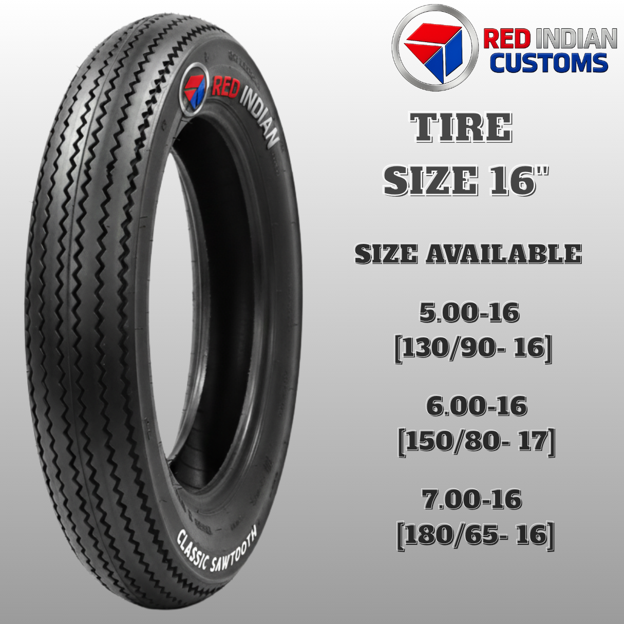 Classic Sawtooth Tubeless Tire Red Indian Size 16 5.00- 6.00 OR 7.00 Vintage Retro Custom Lasting Grip