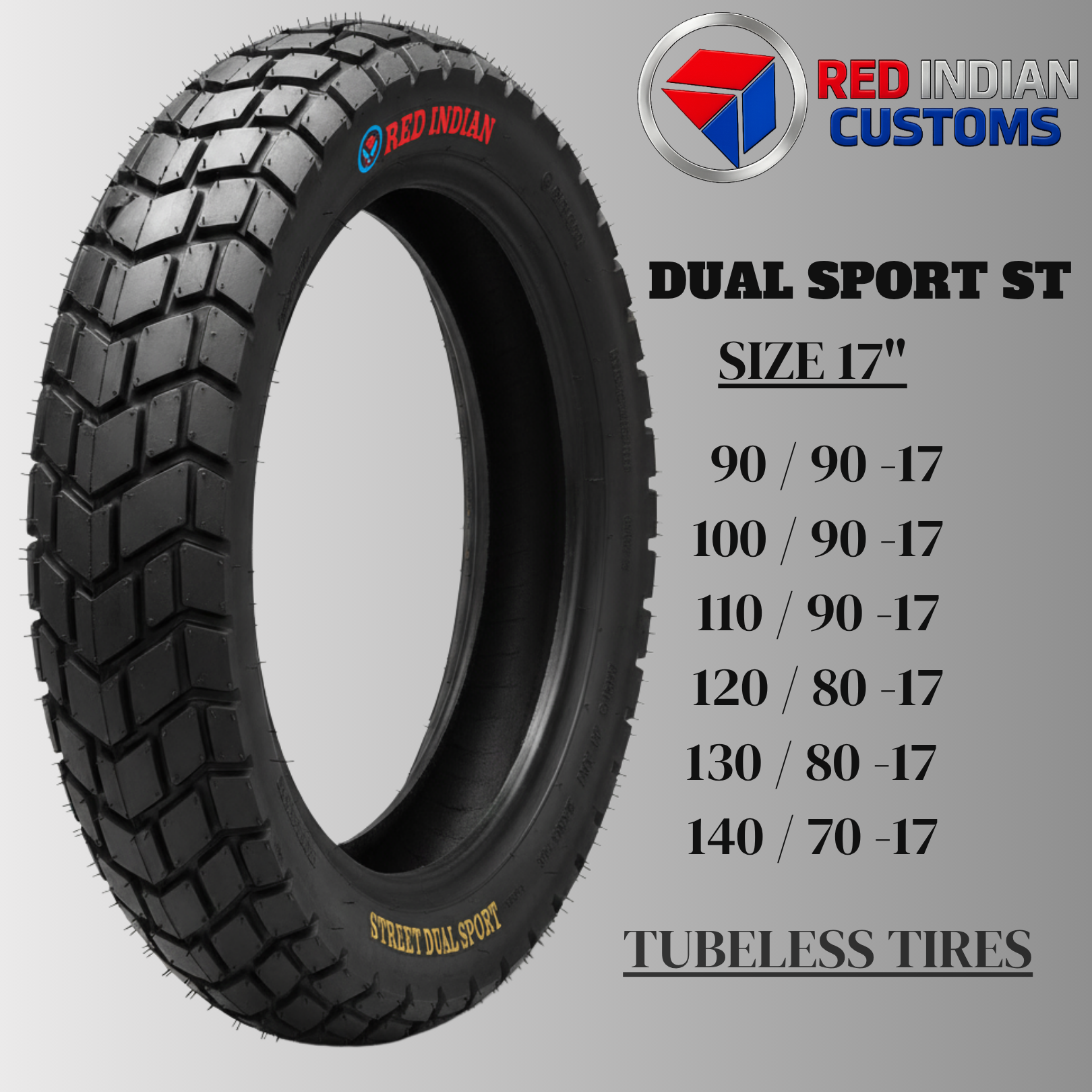 Dual Sport Tire Motorcycle 17 Tubeless All Season On/ Off Road For Scrambler Classic Cafe Racer - Red Indian