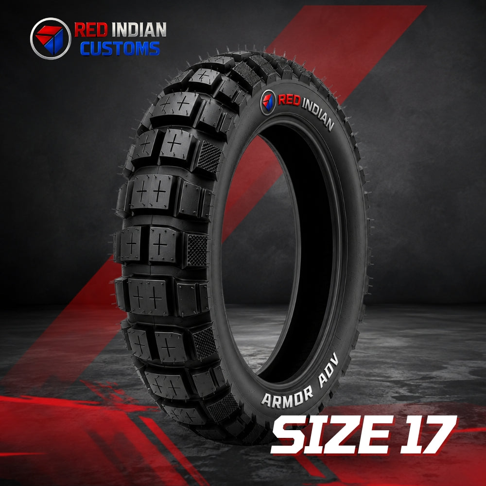 A black off-road motorcycle tire with aggressive tread blocks, branded 'RED INDIAN' and labeled 'ARMOR ADV', shown on a dark studio background with red graphic accents and the text 'SIZE 17'.