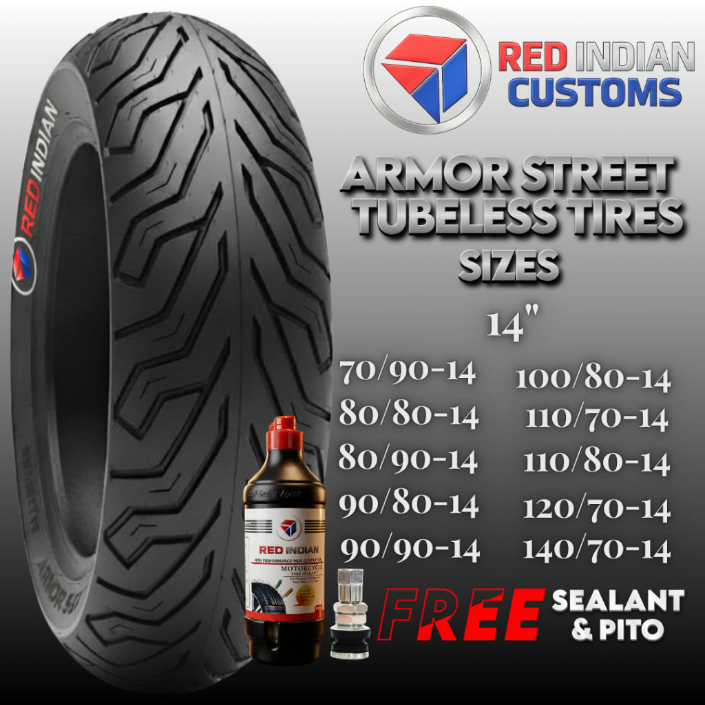 A promotional graphic for Red Indian Customs tubeless tires, featuring a large black tire tread pattern on the left, a bottle of tire sealant in the lower center-left, a small air pump on the lower right, and a list of 14" tire size options on the right. The Red Indian Customs logo appears at the top right and on the tire sidewall.