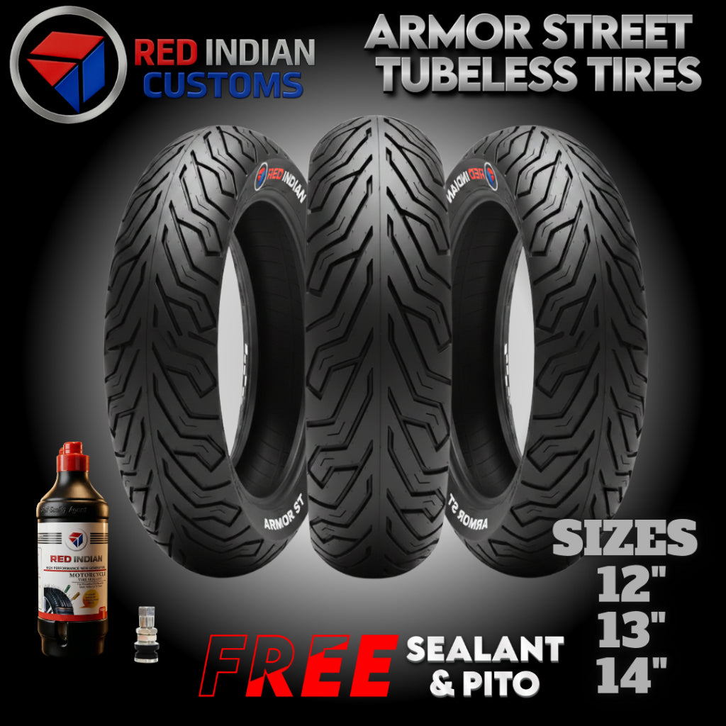 Three black tubeless motorcycle tires displayed on a dark gradient background with promotional text. The image includes the Red Indian Customs logo, the text 'ARMOR STREET TUBELESS TIRES,' tire sizes listed as 12", 13", and 14", a bottle of sealant, and a small pito valve core.