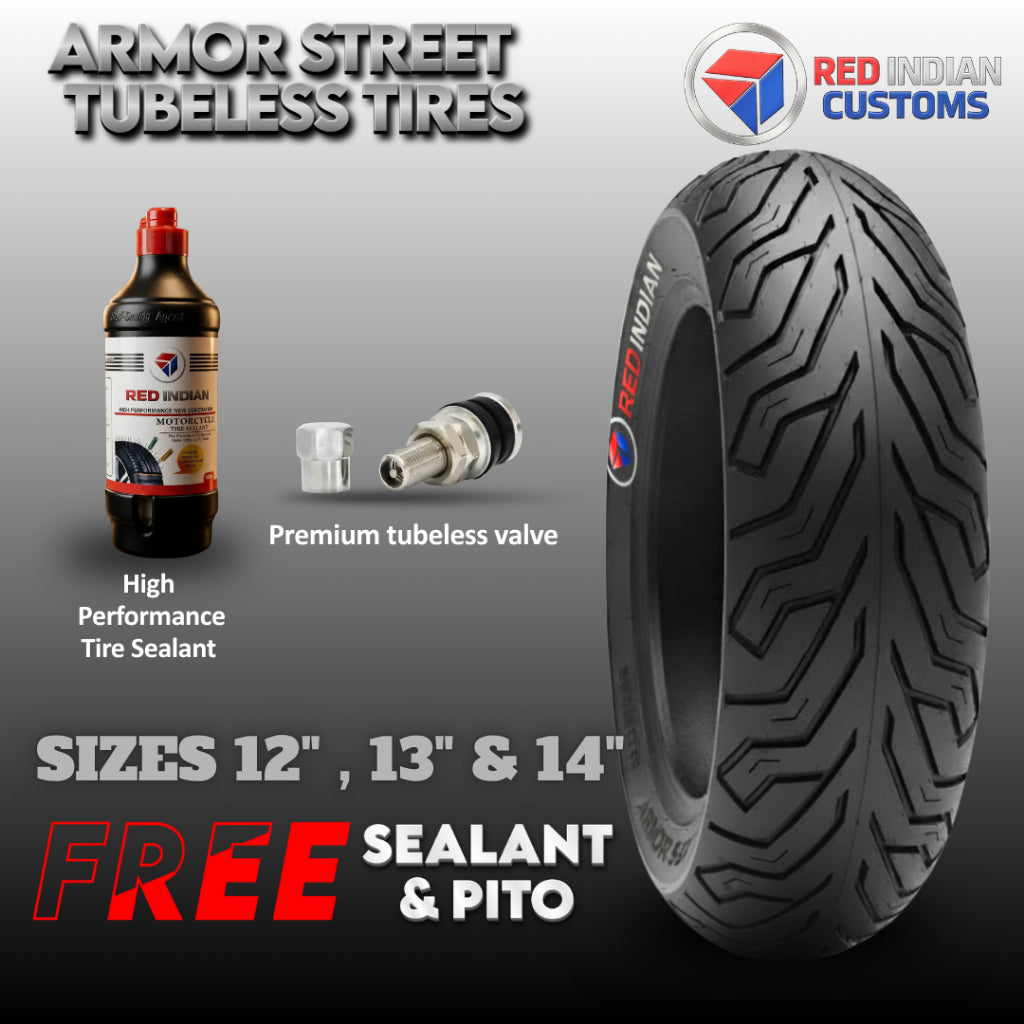 Promotional graphic for Red Indian Customs Armor Street Tubeless Tires, showing a black 13-inch motorcycle tire, a tubeless valve component, a bottle of red sealant, and text offering sizes 12, 13, and 14 inches with free sealant and PITO.