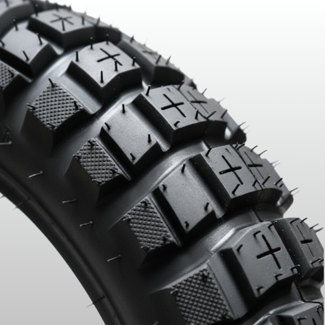 Close-up of a black tire with tread pattern on a light gray background