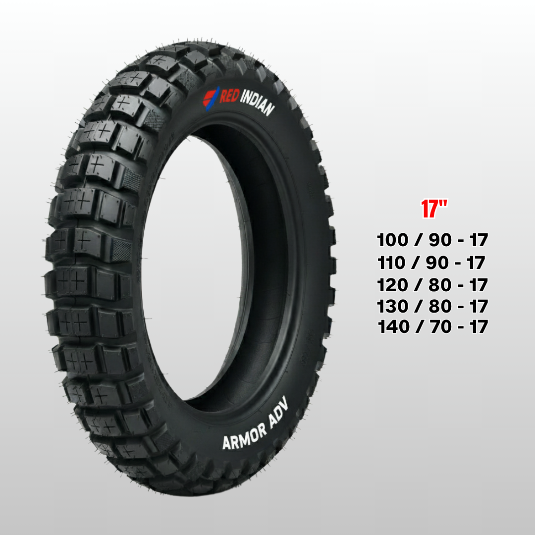 Black tire with 'Red Indian' branding and size specifications on a gray background