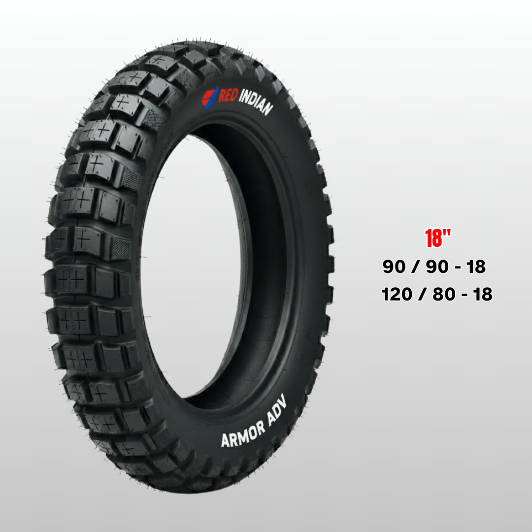 Black tire with 'Red Indian' branding on a gray background