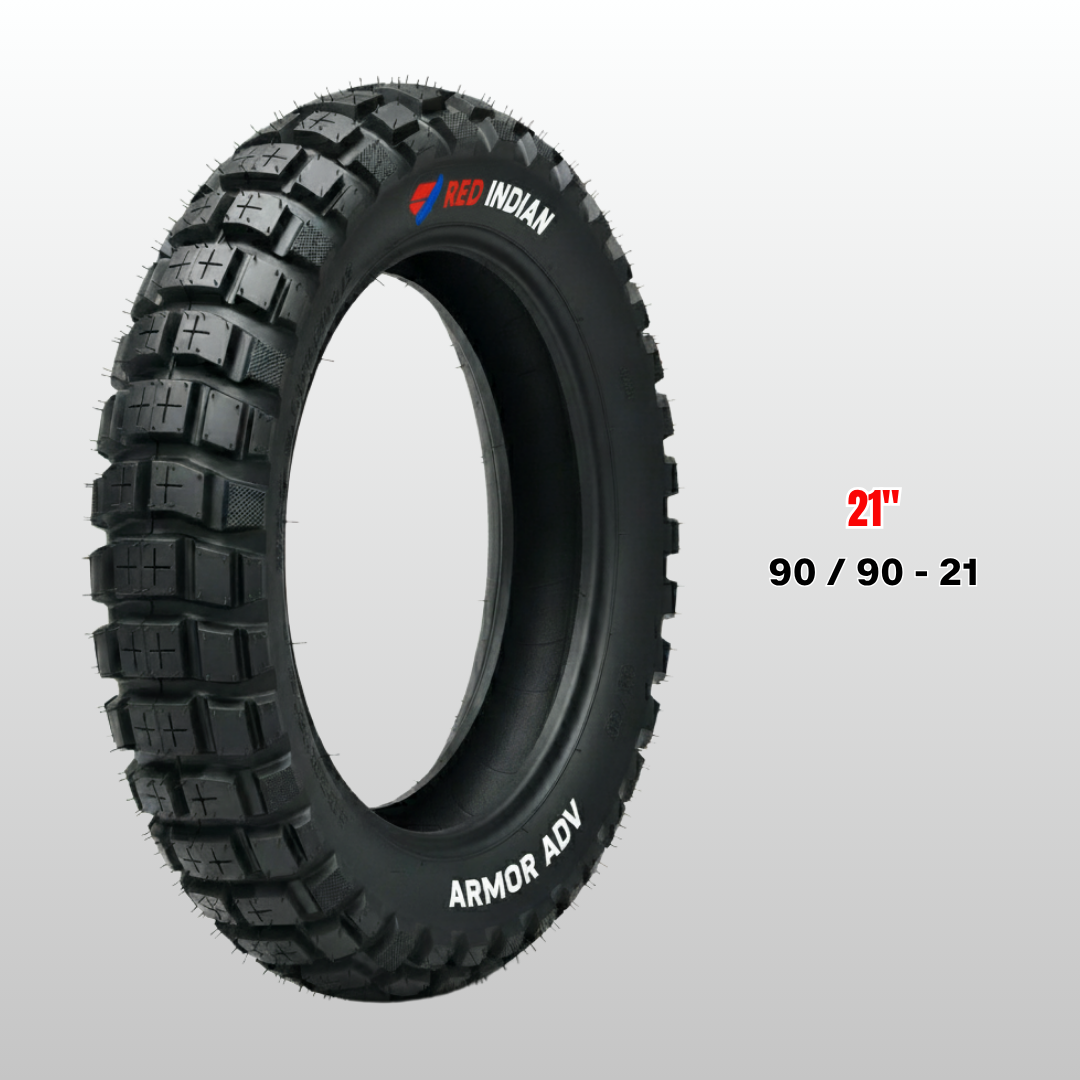 Black off-road tire with 'Red Indian' branding on a gray background