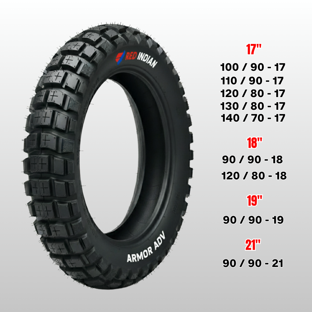 Motorcycle tire with size specifications on a gray background