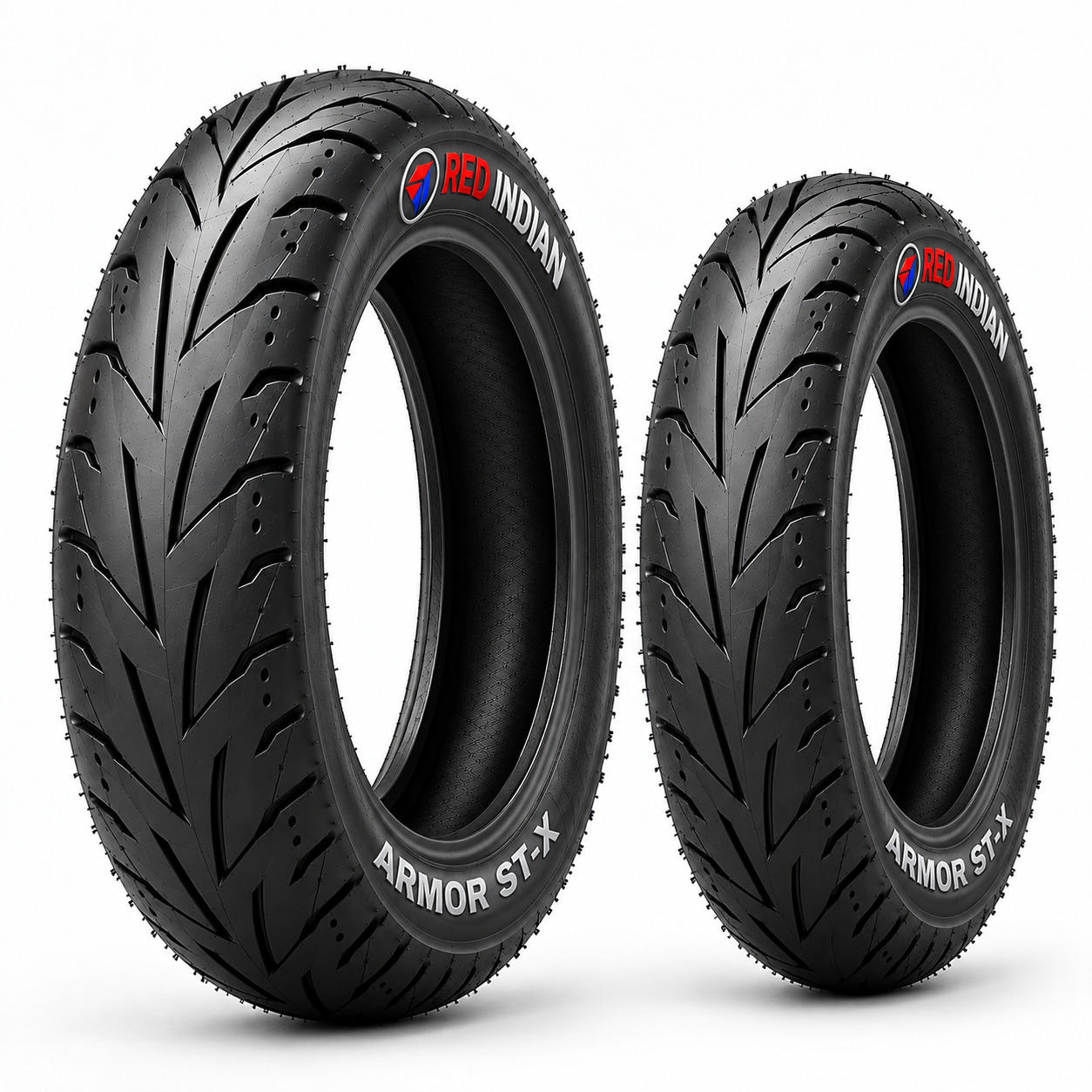 Two black motorcycle tires with aggressive tread patterns, shown on a clean white background. The tire on the left is slightly larger in the foreground, and both display the 'RED INDIAN' brand logo and 'ARMOR ST-X' model name on the sidewall.