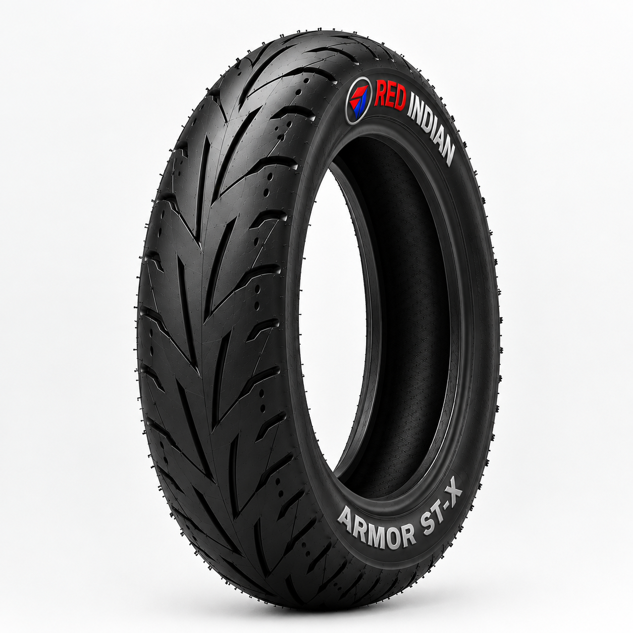 A black motorcycle tire with a tread pattern, featuring 'RED INDIAN' and 'ARMOR ST-X' branding on the sidewall, shown on a light gray background.