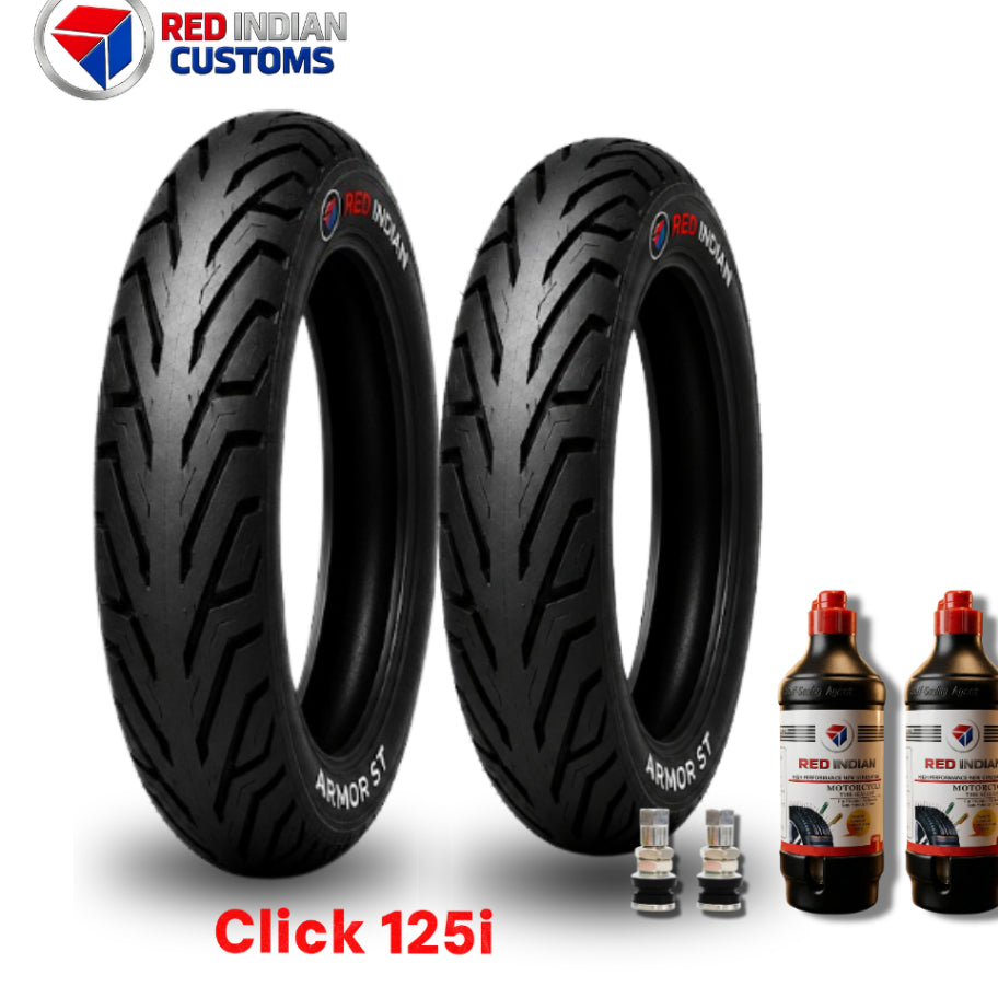 Two black motorcycle tires labeled 'RED INDIAN ARMOR ST' shown alongside two bottles of Red Indian motorcycle oil and two valve stems on a white background, with 'Click 125i' text at the bottom and a Red Indian Customs logo at the top left.