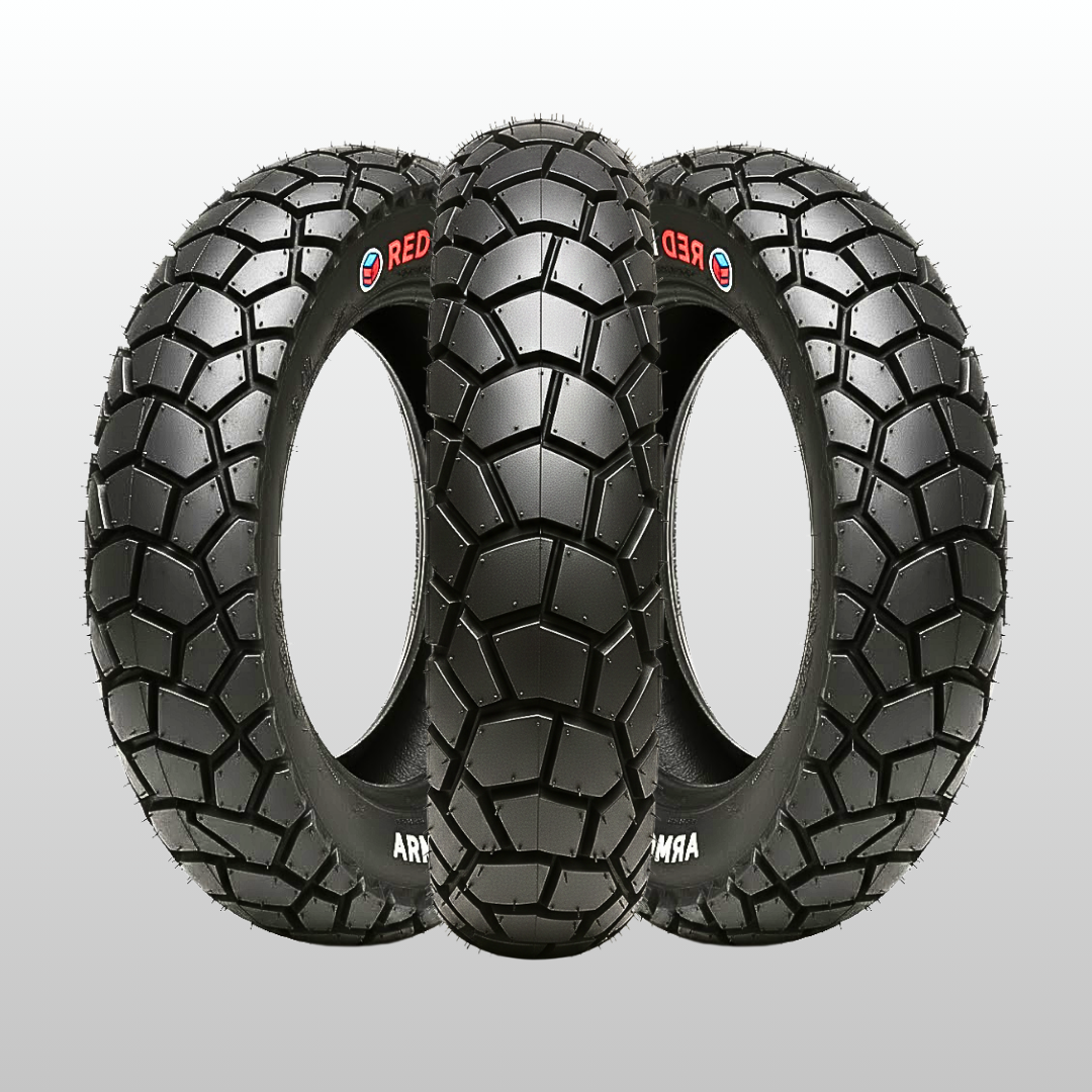 Three motorcycle tires with tread patterns on a gray background