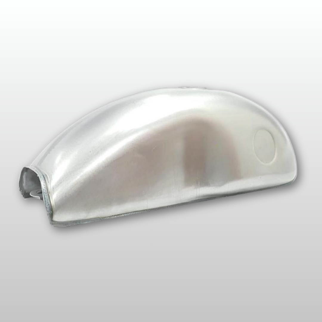Metallic silver gas tank on a light gray background