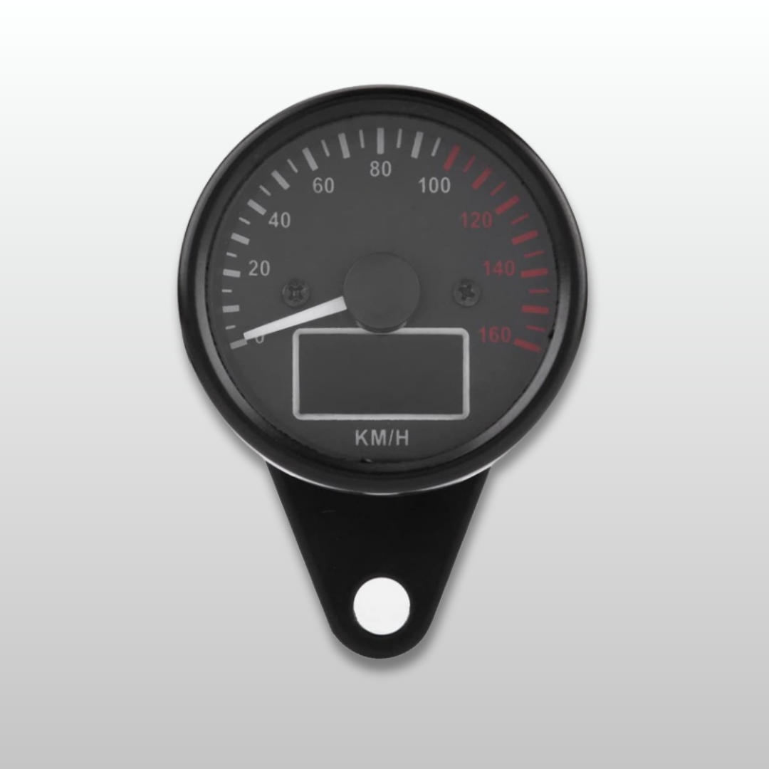 Black speedometer with digital display on a white background, in an OFF state