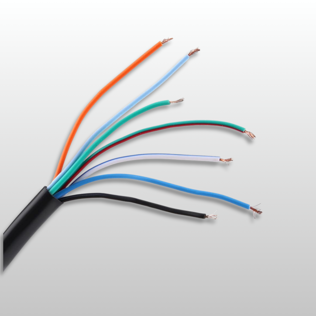 Colorful wires protruding from a black cable on a light gray background
