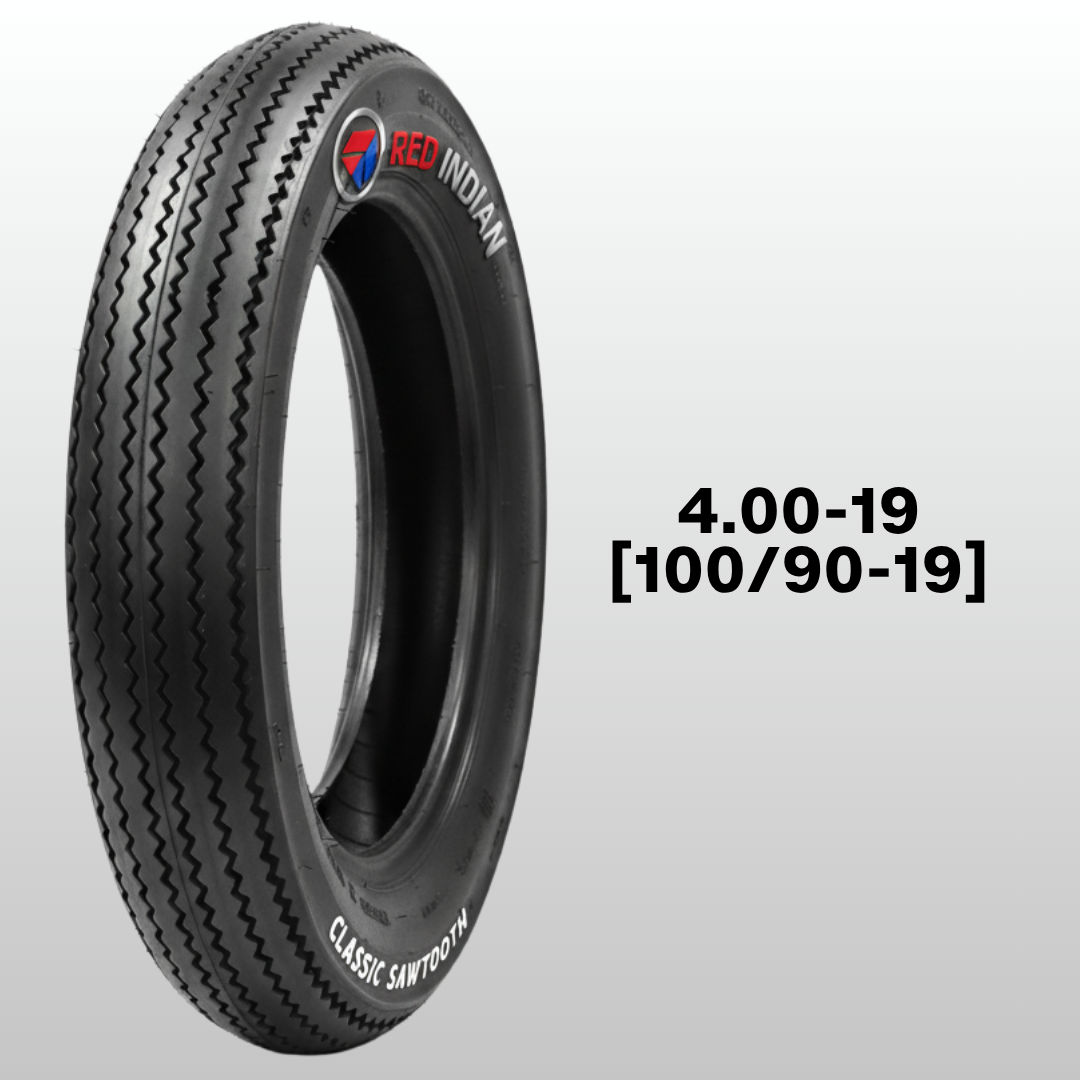 Black tire with 'Red Indian' branding on a gray background