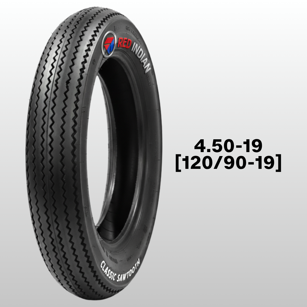 Black tire with 'Red Indian' branding on a gray background