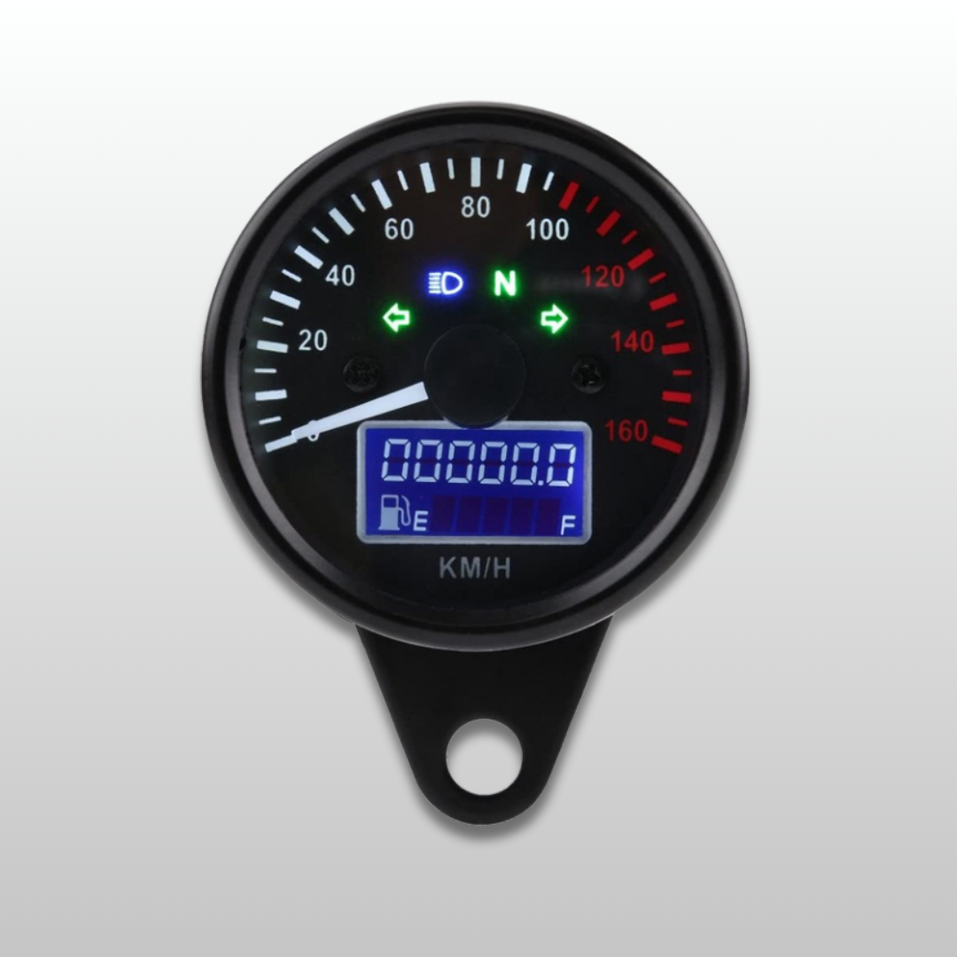 Motorcycle speedometer with digital display on a white background