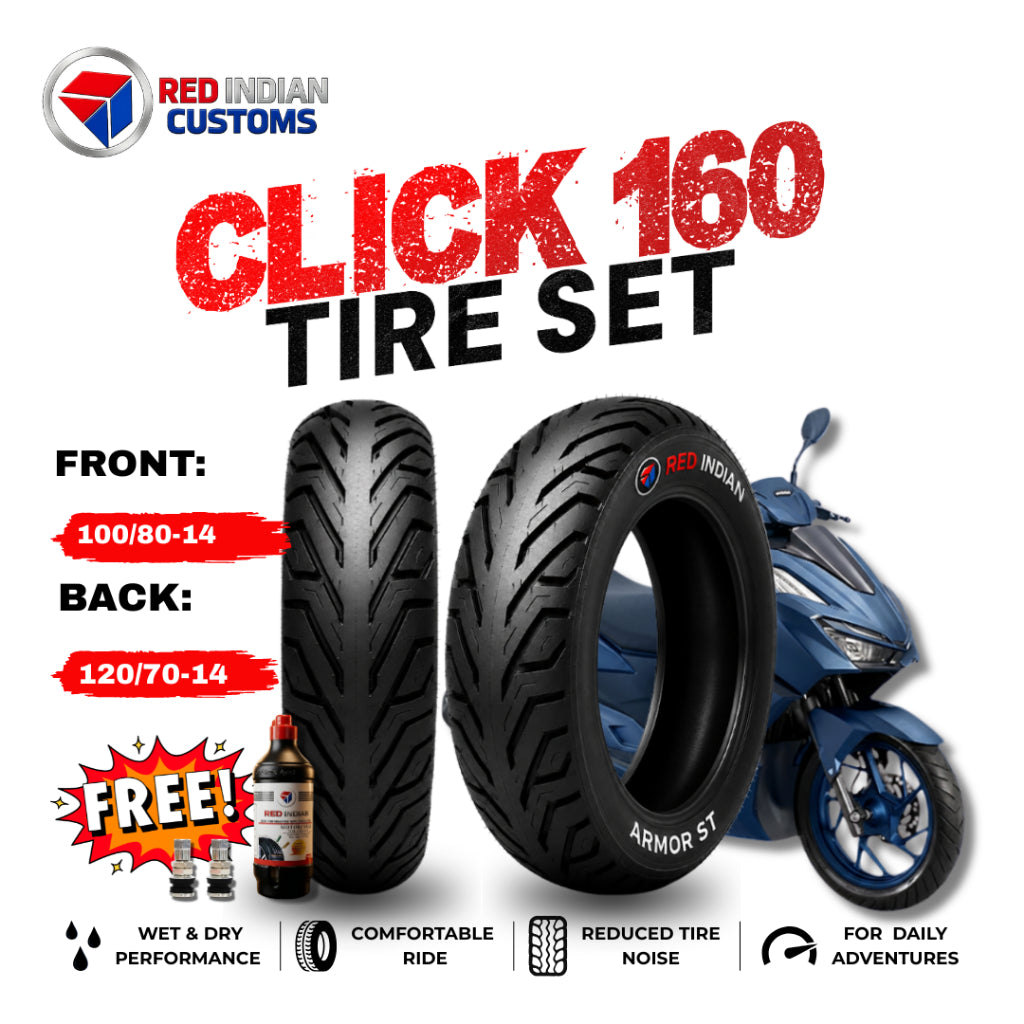 Red Indian Customs - Honda Click Tire Set for Honda CLick 160 Version, Armor ST tire stacked in the front with freebies --- pito with detail specification.
