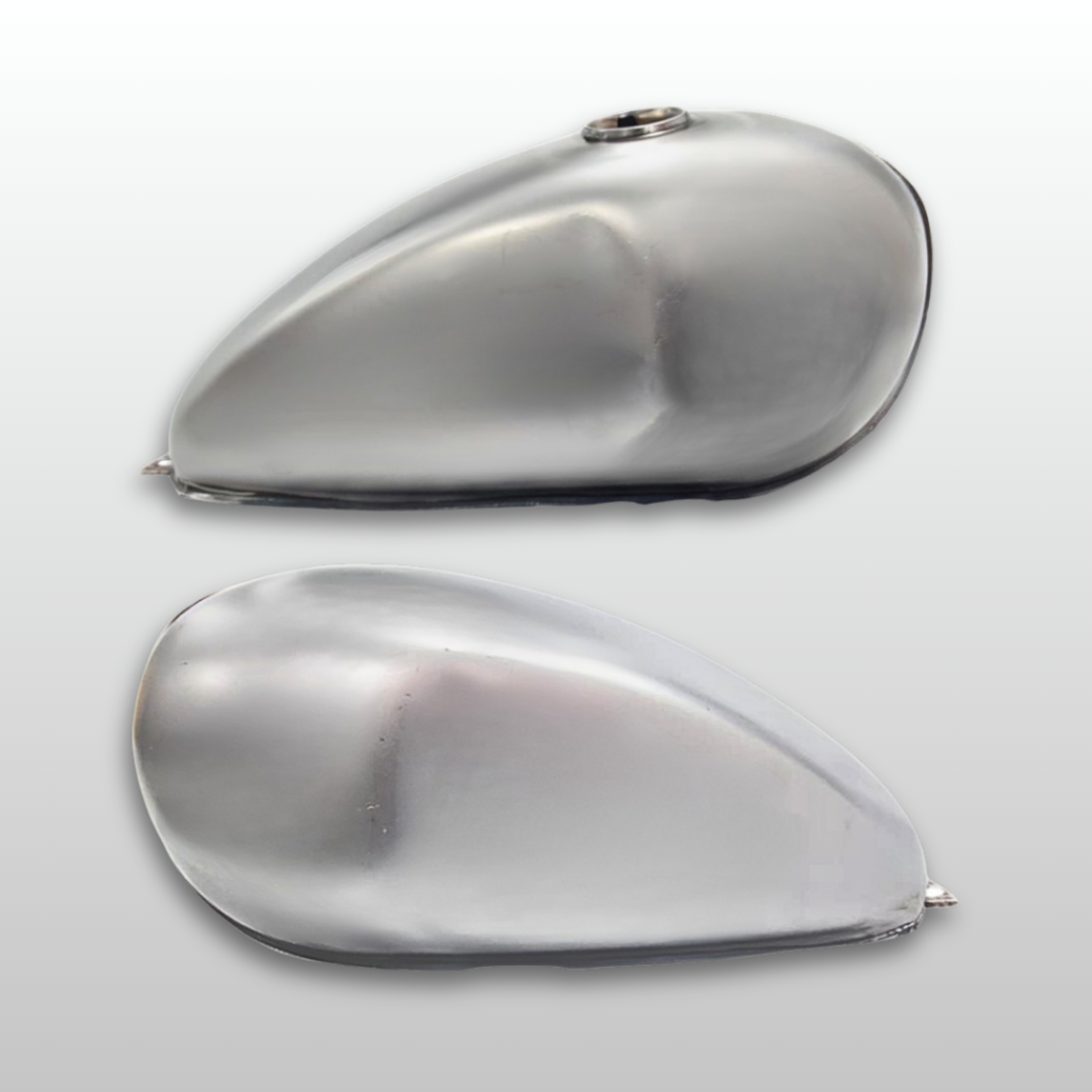 Red Indian Customs - Two metallic silver motorcycle fuel tanks on a light gray background