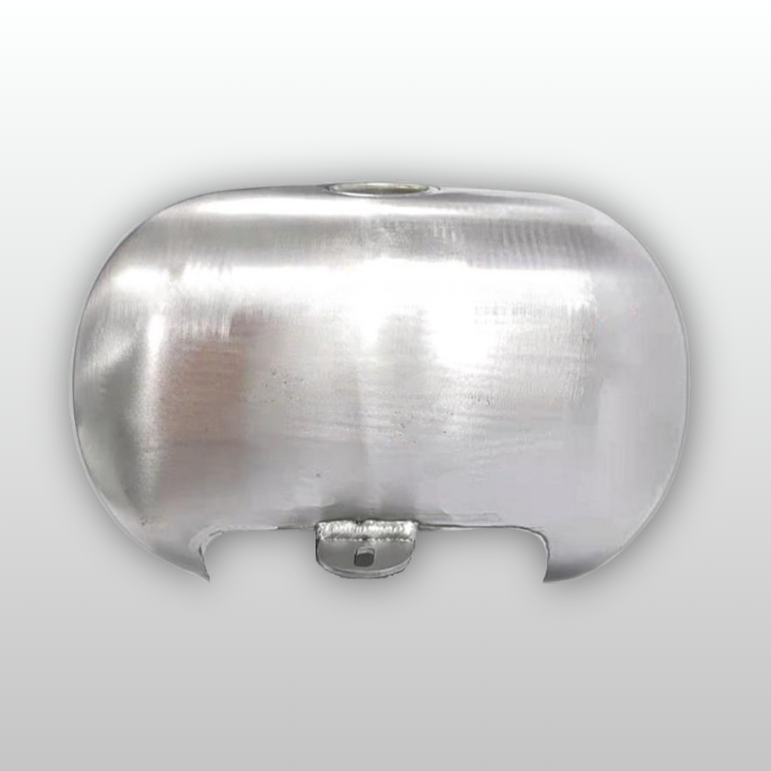 Red Indian Customs - Metallic Dished Frisco Unpainted Gas Tank on a light gray background