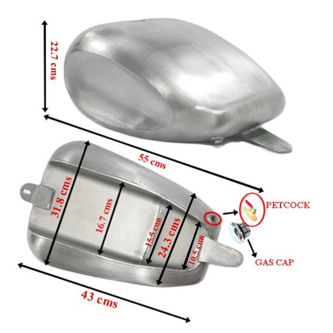 Red Indian Customs - Measurement chart of a motorcycle Dished Frisco Unpainted Gas Tank with dimensions labeled.