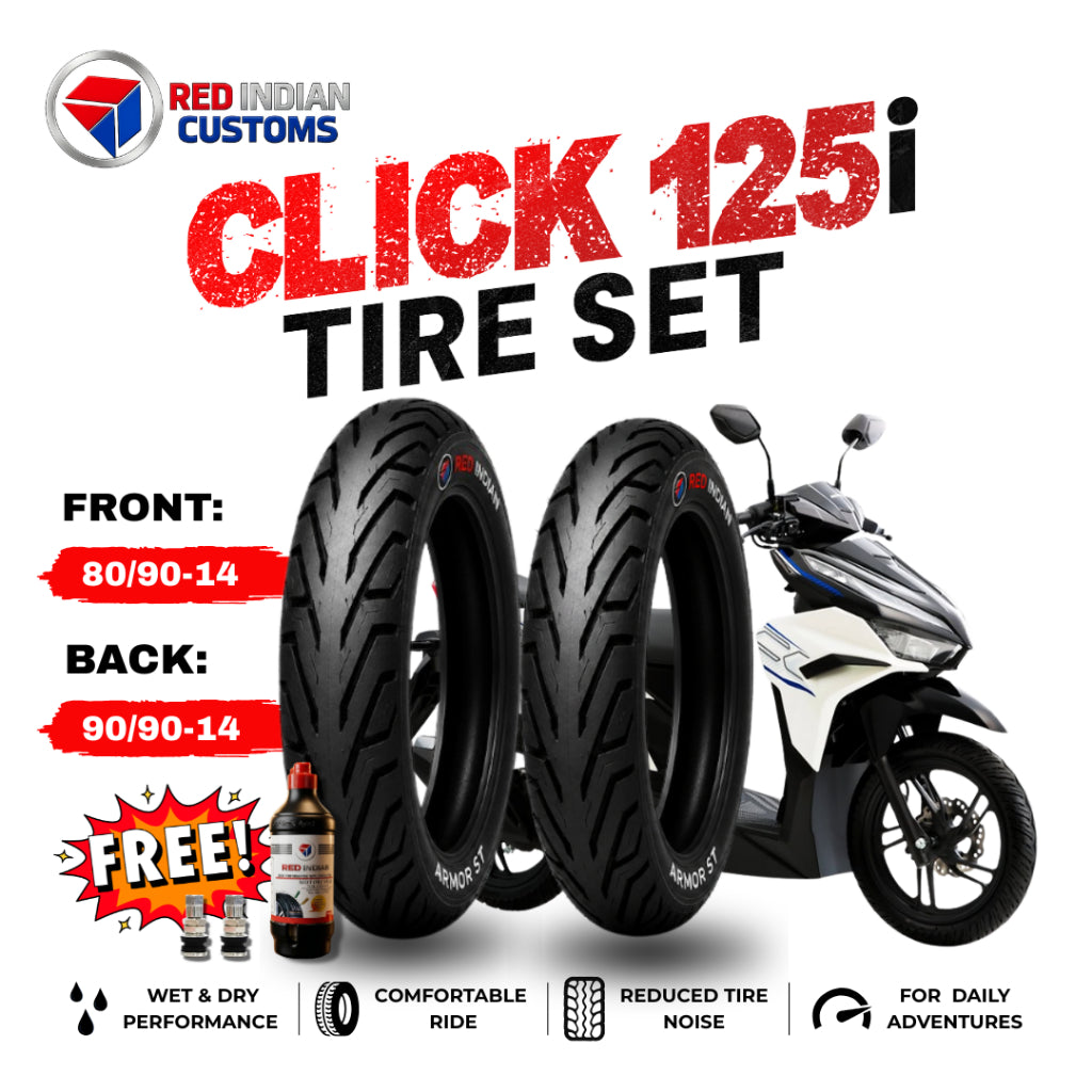 Red Indian Customs - Honda Click Tire Set for Honda CLick 125i Version, Armor ST tire stacked in the front with freebies --- pito with detail specification.