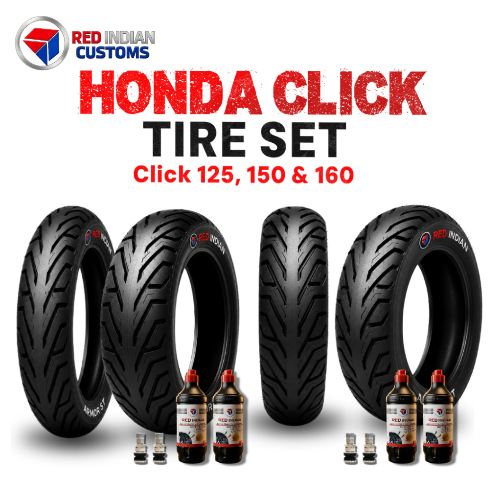 Red Indian Customs - Honda Click Tire Set for Honda CLick 125i, 150 and 160 Version, Armor ST tire stacked in the front with freebies --- pito.