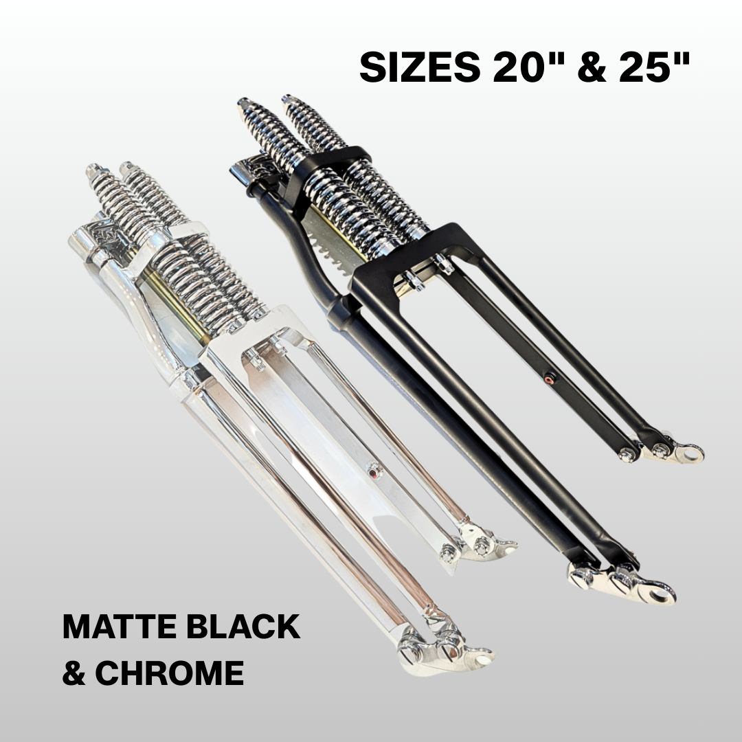 Two motorcycle forks, one matte black and one chrome, on a gray background with text indicating sizes and color options.