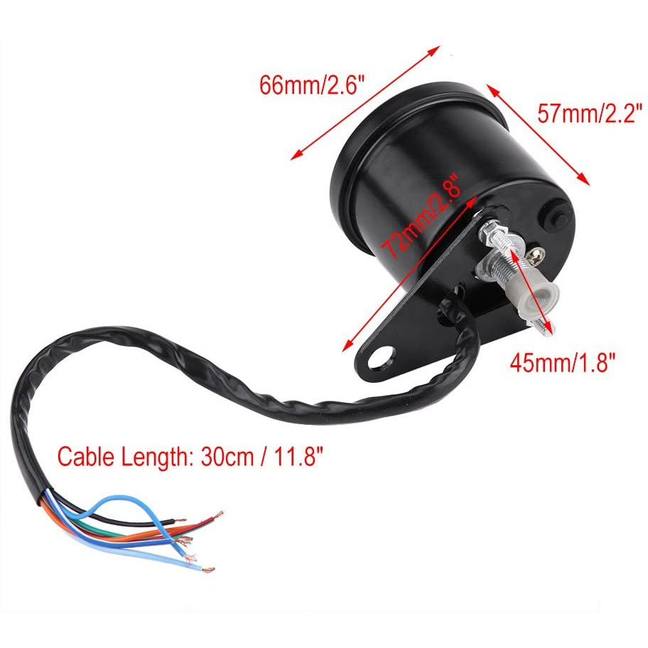 Black motor speedometer back-view with labeled dimensions and cable length on a white background
