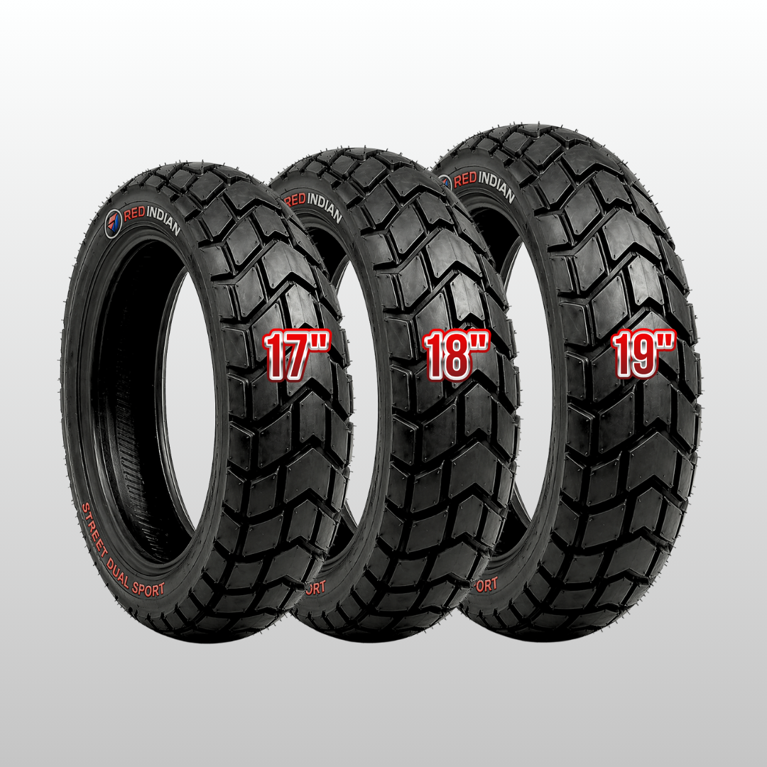 Three motorcycle tires with different sizes labeled on a gray background