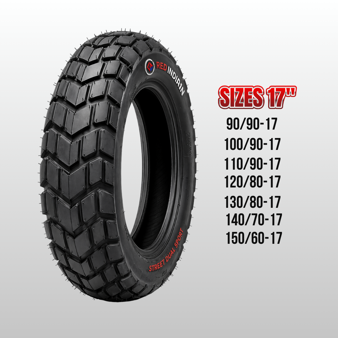 Black tire with tread pattern on a gray background, featuring size specifications.