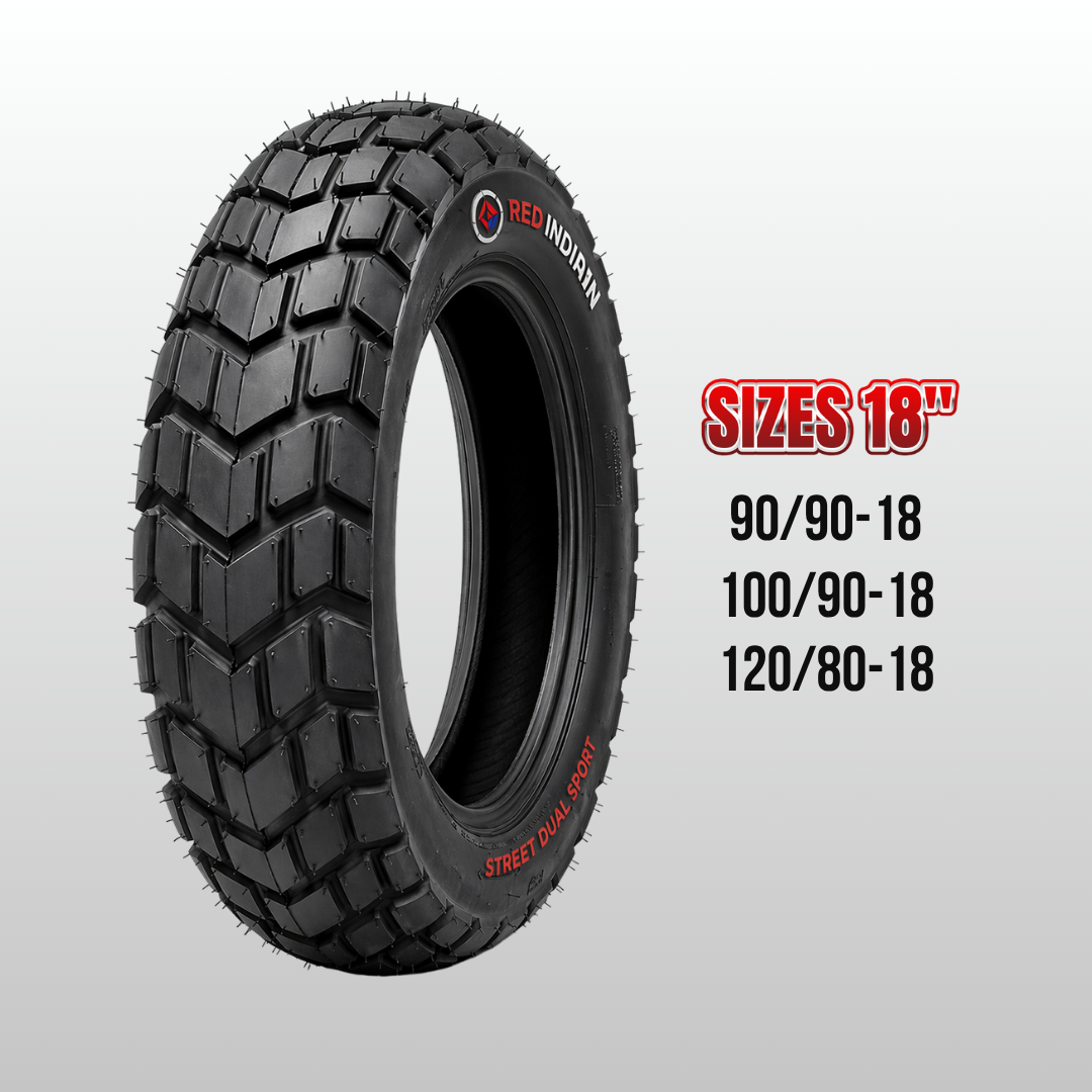 Motorcycle tire with tread pattern and size specifications on a gray background