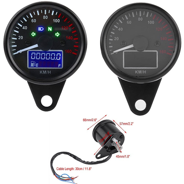 Two motorcycle speedometer gauges with digital displays and a smaller gauge with wiring diagram on a white background.